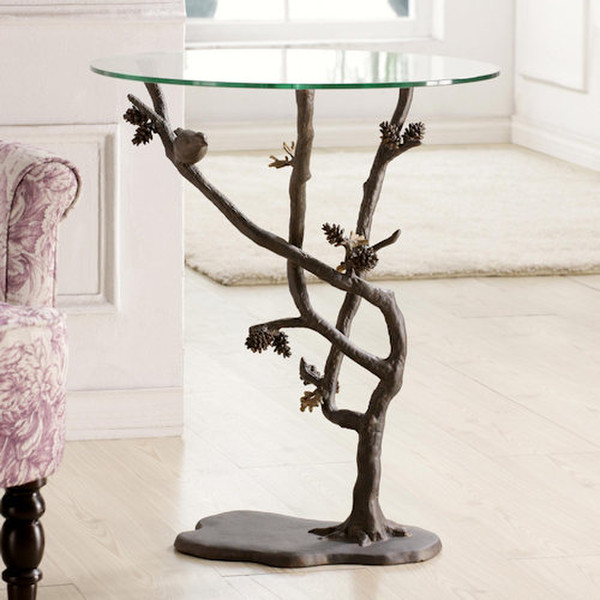 Bird and Pine cone Sculptural Table Aluminum Branches Glass Tree